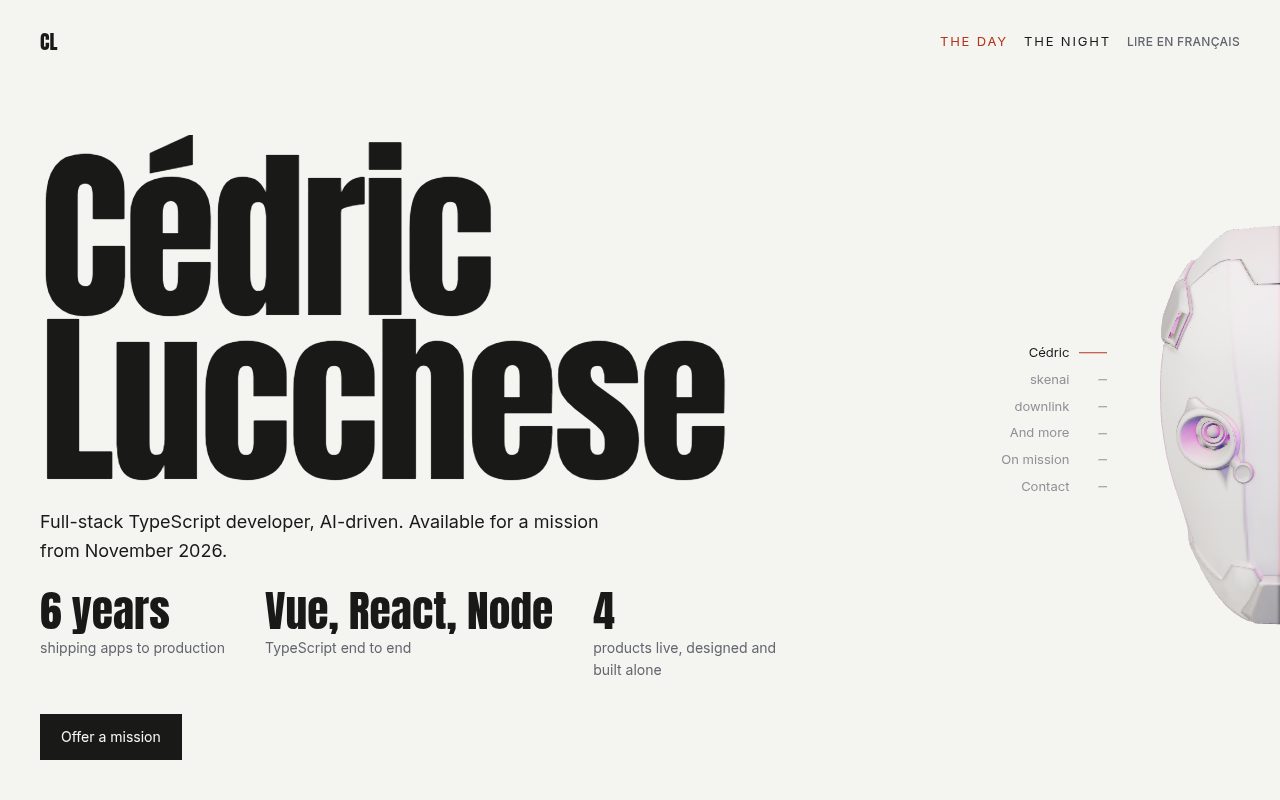 The home page's opening, day side, with the 3D head and the menu of the screens