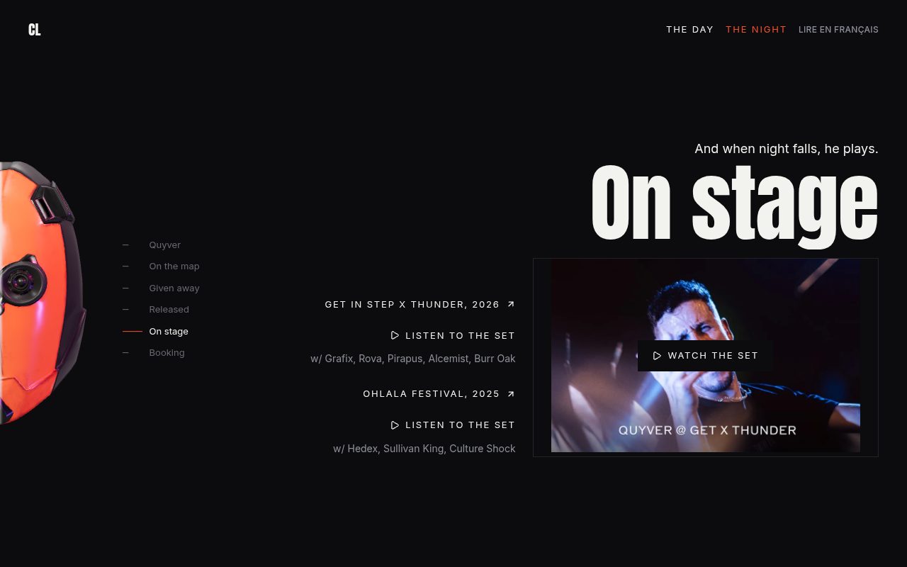 The "On stage" screen, night side, with the filmed set and the sets to hear