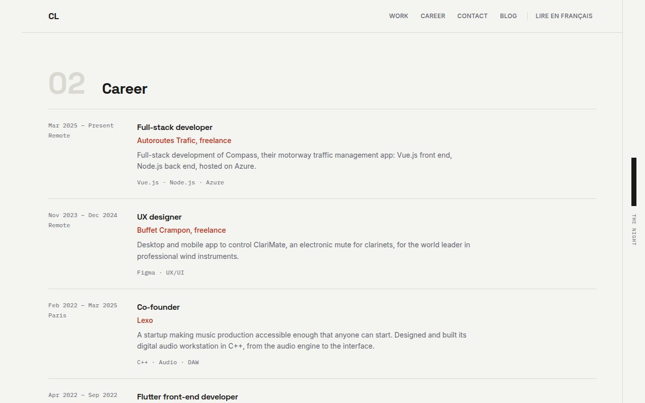 The career section, with the Autoroutes Trafic, Buffet Crampon and Lexo roles